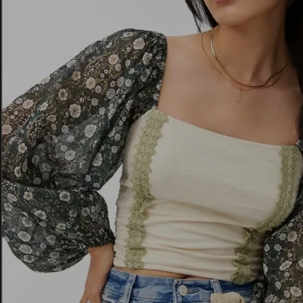 Anthropologie Green Floral Blouse with Cream Bodice
